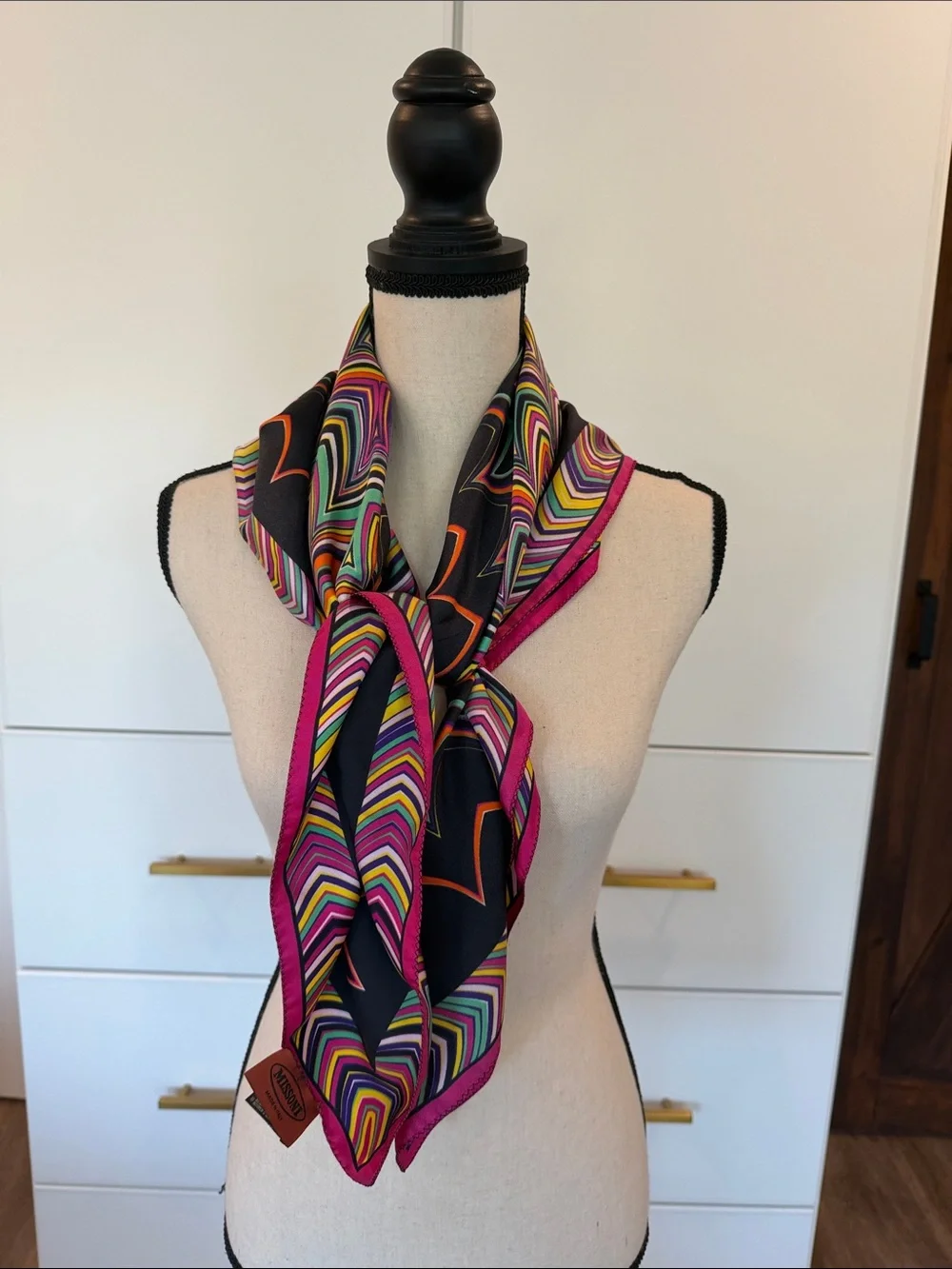 Missoni Multicolor Geometric Silk Scarf in Black & Fuchsia
